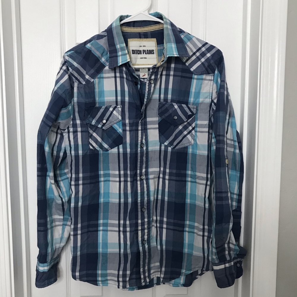 Ditch Plains Blue Plaid Flannel Snap Button Shirt